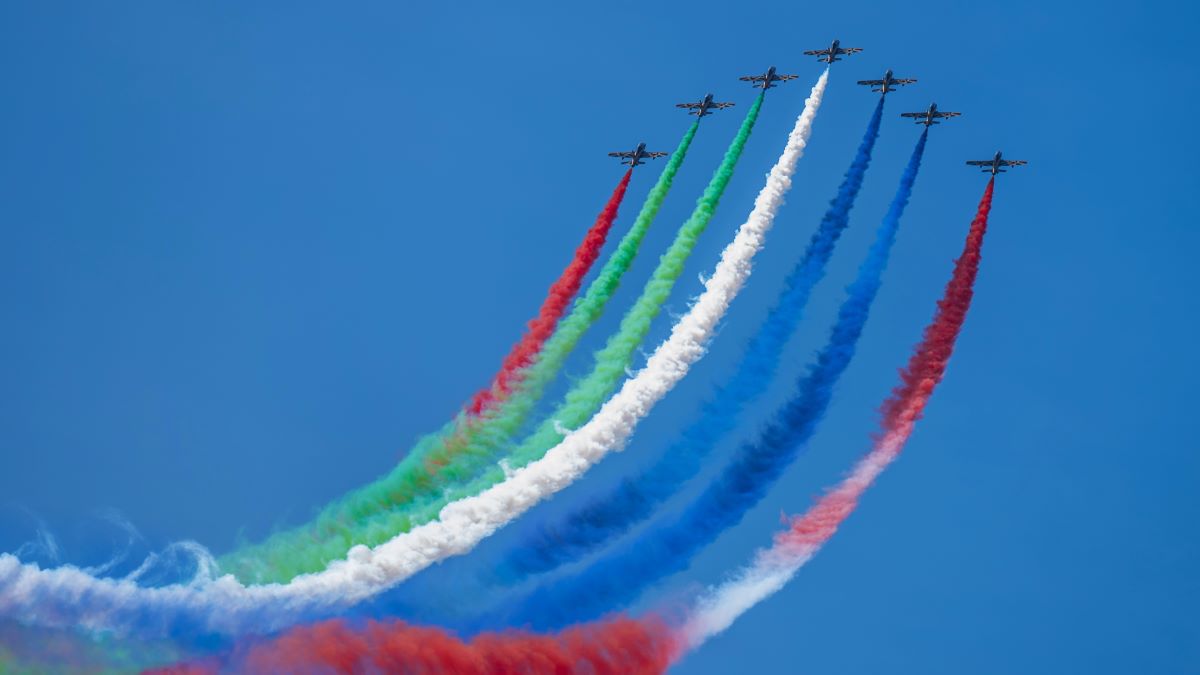 Colorful jet streams during air show