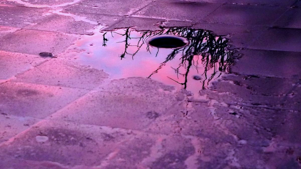 A puddle drains at sunset