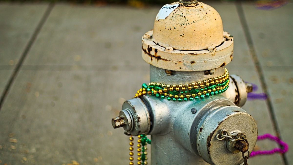 Post Mardi Gras revelry beads draped on a fire hydrant